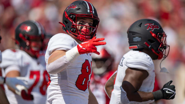 Sep 17, 2022; Bloomington, Indiana, USA; Western Kentucky Hilltoppers tight end Joey Beljan (89) reacts to scoring a touchdown during the first quarter against the Indiana Hoosiers at Memorial Stadium. Mandatory Credit: Marc Lebryk-USA TODAY Sports